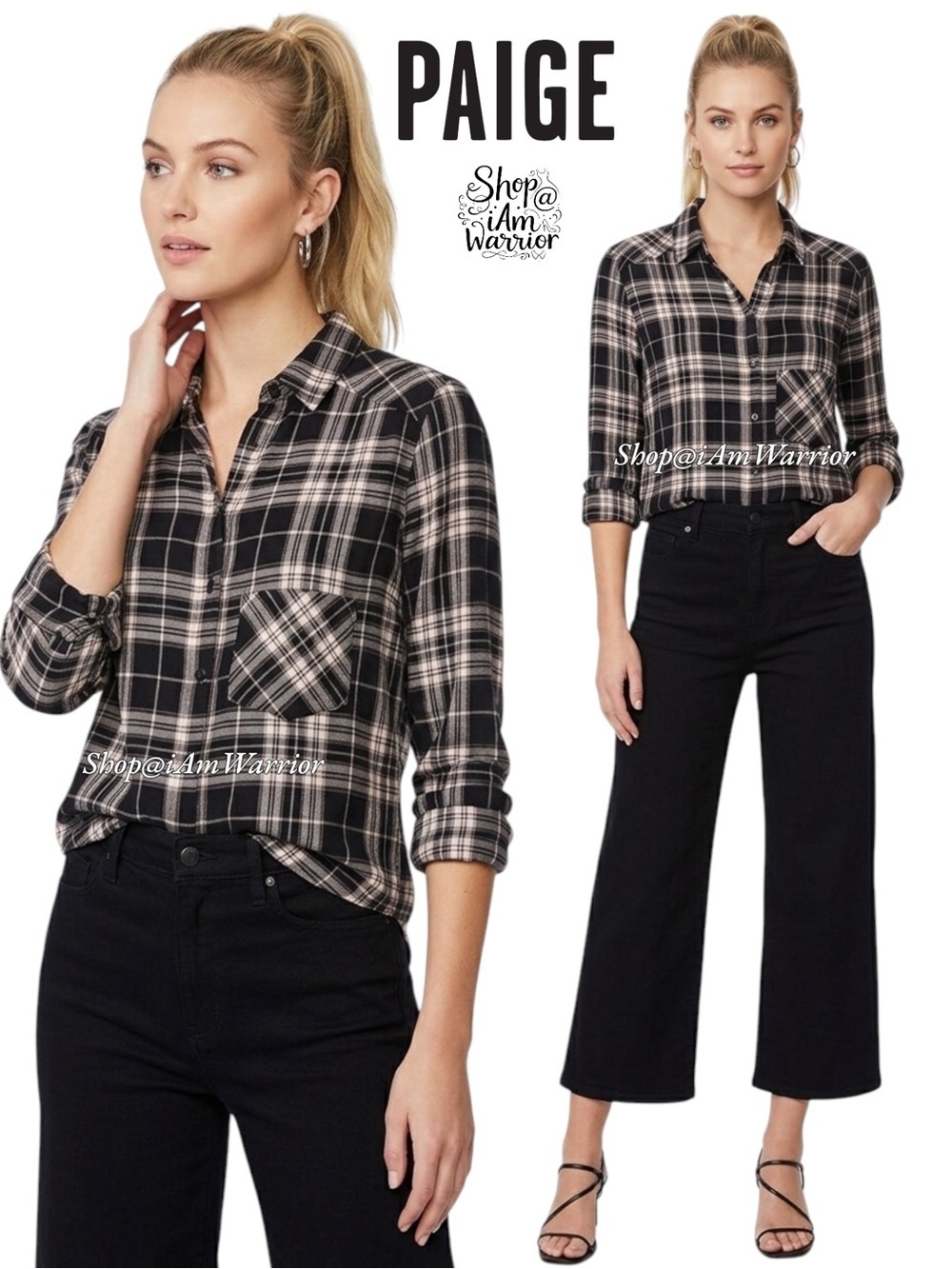 Paige soft pale pink & black plaid button down top *shop@iamwarrior